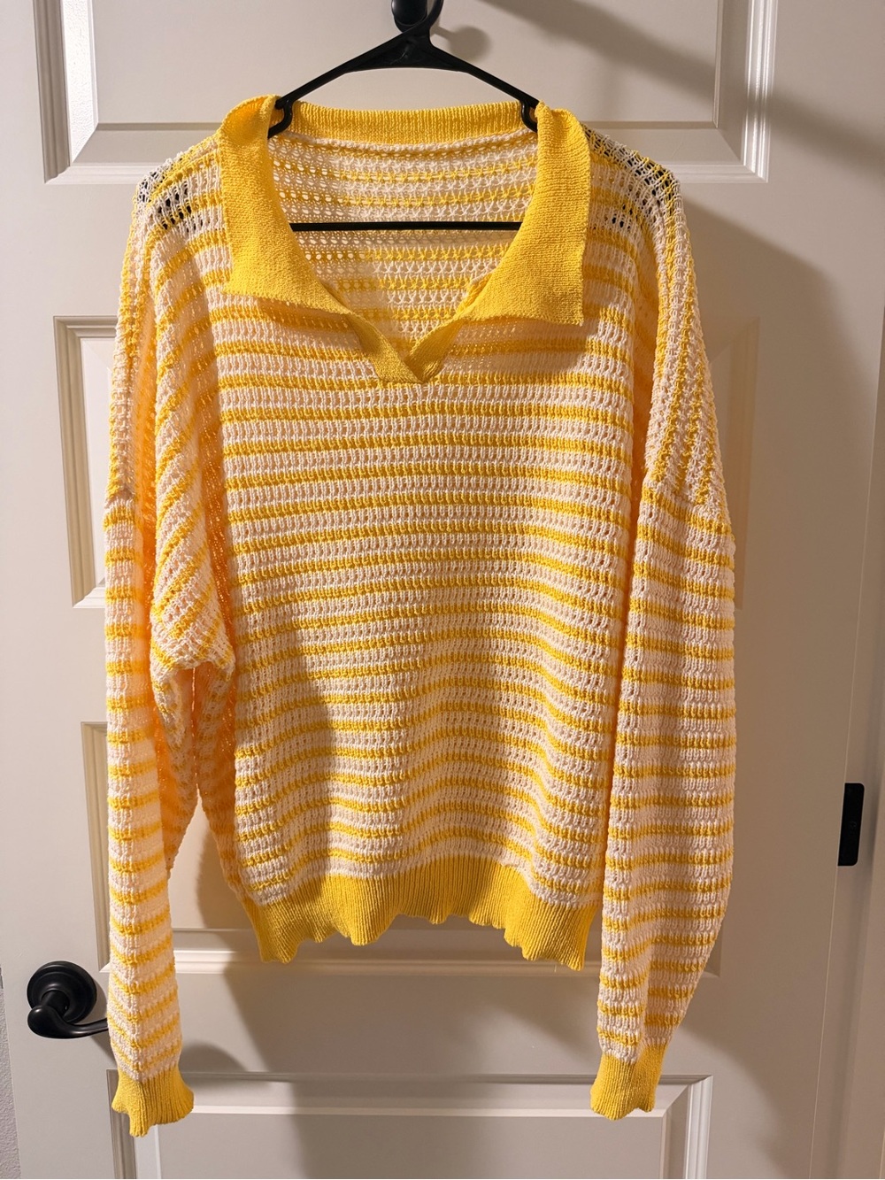 SHEIN Yellow & White Striped Open-Knit V-Neck Sweater